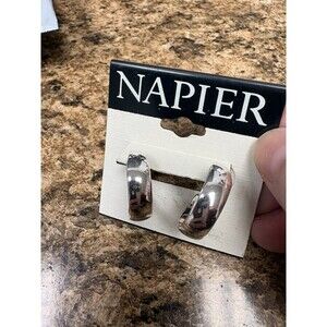 NWT Silver Tone Napier Hoop Earrings Simple Minimalist On Card
